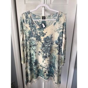 One World Women Blue Floral Sharkbite Tunic Top Crochet Fringe Trim Size Large